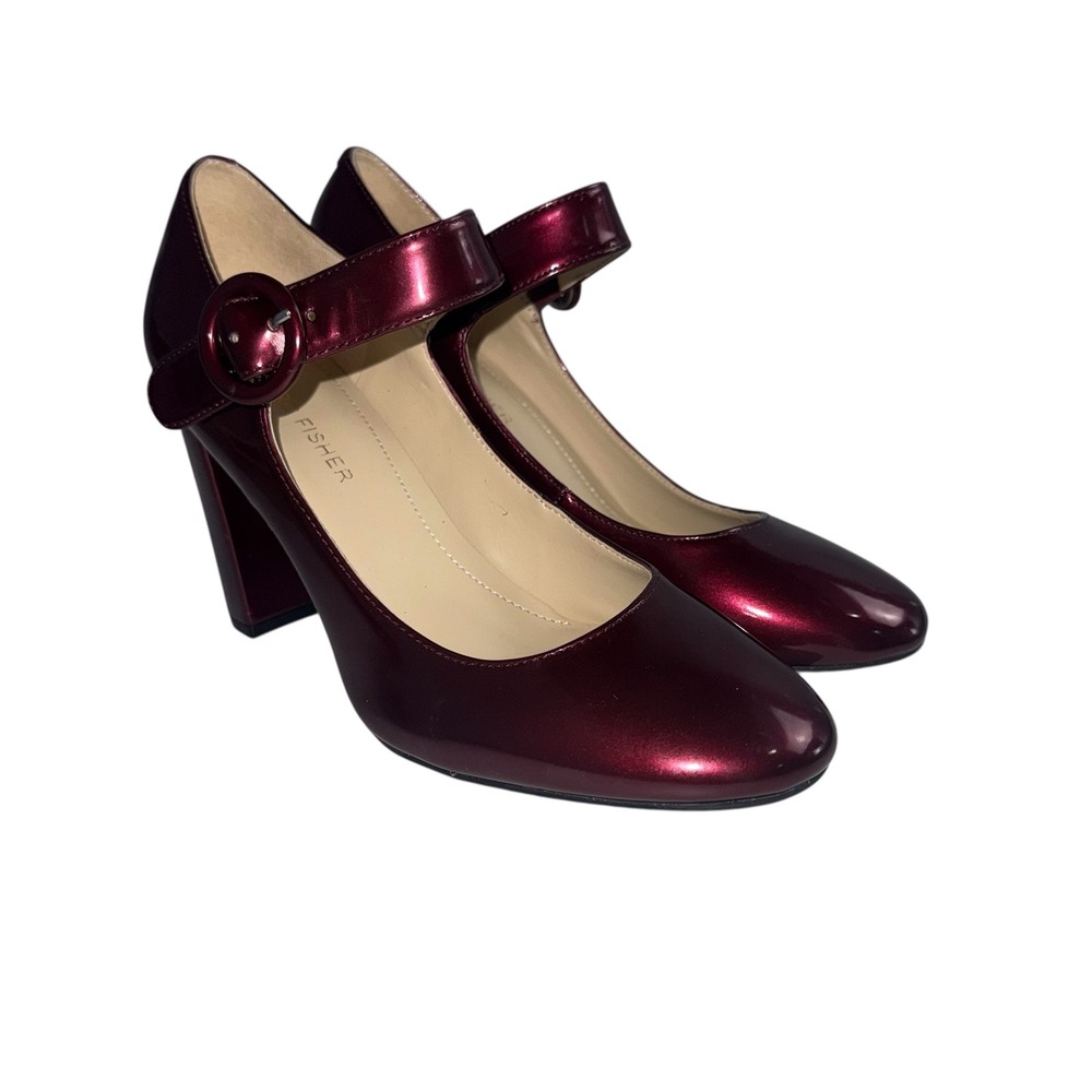 Marc‎ Fisher Shaylie Mary Jane Block Heel Pumps Burgundy Patent Metallic Size 6M